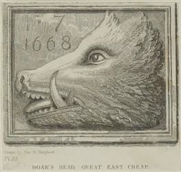 Kroskilt fra Boars Head Tavern i Eastcheap, ca. 1850