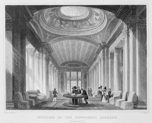 Interiør af Advokatbiblioteket, Edinburgh, graveret af William Watkins, 1831