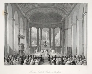 Romersk-katolsk kapel, Moorfields, fra Londons interiører med deres kostumer og ceremonier, udgivet af Joseph Mead, London, ca. 1843