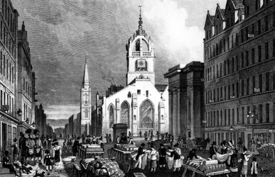 St. Giles Church, County Hall and the Lawn Market, Edinburgh, indgraveret af William Tombleson, ca. 1830 (gravering)