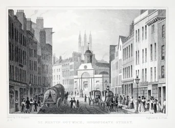 St Martin Outwich, Bishopsgate Street, fra London og dets omgivelser i pubben fra det nittende århundrede. Jones und Co., 1827-1829
