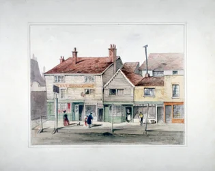 The Hare and Hounds Inn og butiksfacader på Upper Street, Islington, London, c1835.