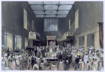 House of Lords, Hendes Majestæt åbner parlamentets session, indgraveret af Henry Melville (fl.1826-41), ca. 1840