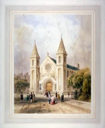 Udsigt over en ukendt religiøs bygning på Regent Square, St. Pancras, London, 1842.