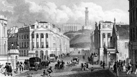 Waterloo Place, Nationalmonumentet, Nelson-monumentet og Calton Hill, Edinburgh, graveret af Thomas Barber, 1829