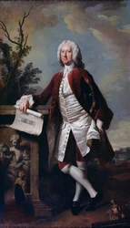 Portræt af Theodore Jacobsen, arkitekt på Foundling Hospital, vist med en tegning af Vestfronten, ca. 1742