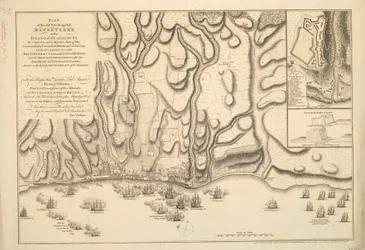 Plan over angrebet på Basse-Terre på øen Guadeloupe foretaget af en eskadre af Hans Majestæts krigsskibe under kommando af kommodore Moore den 22. jan. 1759, samt den britiske hærs lejre under kommando af gen. Hopson og de franske skanser