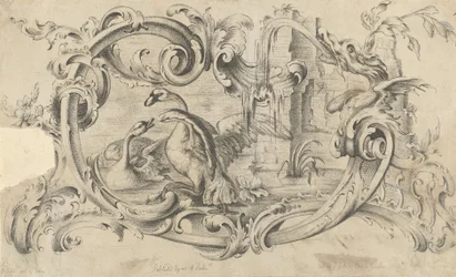 Design til en tablet til et skorstensstykke med to svaner i kamp, omsluttet af en rulle..., 1762.