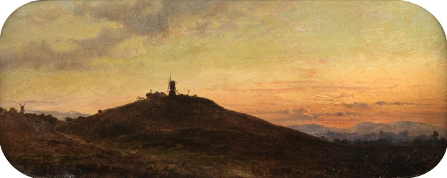 Vindmølle ved solnedgang (olie om bord)