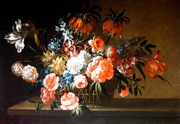 Et stilleben med roser, nelliker og tulipaner (olie på lærred)