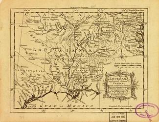 Louisiana, som Frankrig tidligere gjorde krav på, og som nu indeholder en del af Britisk Amerika mod øst og Spansk Amerika vest for Mississippi. LOC 77690498