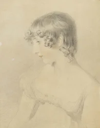 Busteportræt af Susan Bloxam, drejet i profil til venstre, 1818 (sort kridt, berørt med rødt kridt og let stødt på hvidt kort, misfarvet brun)