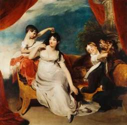 Gruppeportræt af fru Henry Baring og to af hendes børn og en stor hund, et landskab hinsides, ca. 1817-1824