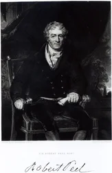 Portræt af Sir Robert Peel (1788-1850), graveret af H, Robinson (gravering) (bw foto)