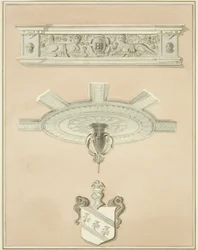 Detaljer om værelse i det juridiske bibliotek, herunder central loftsvedhæng og gesims (blyant og akvarel på papir)