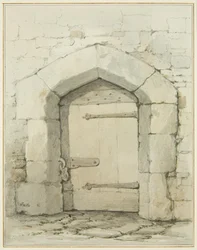 Gammel bue og døråbning i Tower Lane overfor Vestry of St John