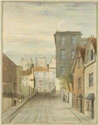 En del af Magdalen (Lower Maudlin) Lane, der viser Infirmary (blyant og akvarel på papir)