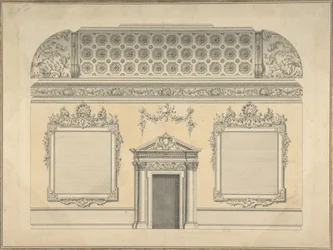 Design til sektion af et Rococo -rum, med et coved loft og ornamenteret korinthisk ..., ca.1750.