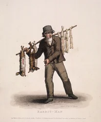 Kaninsælger med en stang hængt med kaniner, 1820