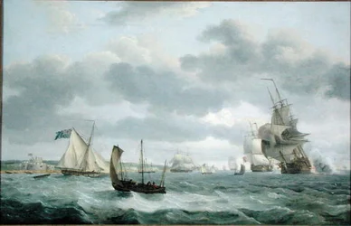 Krigsmænd og andre skibe i en brise ud for Dover