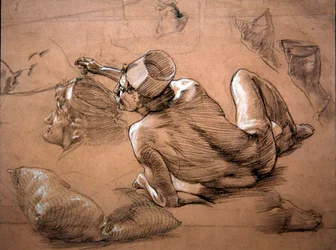 Liggende nøgen mand, ca. 1880 (blyant, sort kridt & hvid kropsfarve på papir)
