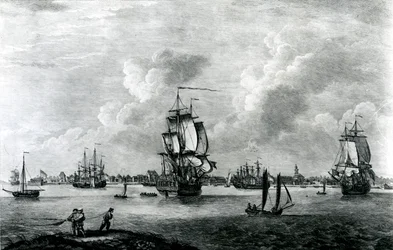En udsigt over Charles Town, hovedstaden i South Carolina i Nordamerika, indgraveret af Pierre Charles Canot