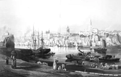 Udsigt over havnen og byen Newcastle upon Tyne, fra Rope Walk, Gateshead, indgraveret af Robert Havell, 1819 (gravering)
