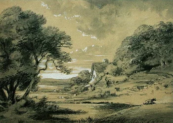 Landskab med et sommerhus ved en flod (kul, vask og kropsfarve på papir)