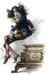 Tegnefilm af Oscar Wilde (1854-1900), klædt i dandy, lavet under hans rejse til USA i 1882. Tegning af Thomas Nast (1840-1902) i "" Harper