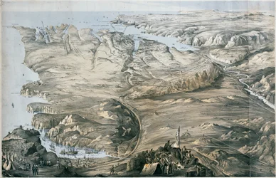Panoramaudsigt over forskansningen af de allierede hære i England og Frankrig før Sebastopol (litografi, tonet)