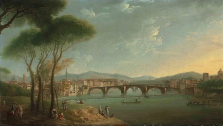 En udsigt over Arno, Firenze, fra Cascine Gardens, med figurer, der fisker og hviler på klipperne i forgrunden, Ponte alla Carità og Ponte Vecchio hinsides