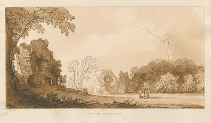 Chartley Castle: rød-sepia-tegning