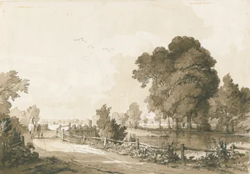 Great Haywood - Floodgates on the River Trent: pen og sepia tegning, 17. juli 1838
