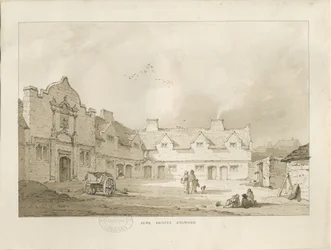Stafford - Alms Houses: sepia tegning, nd [1837] (tegning)