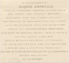 Trentham - Inscription on Monument to Duke of Sutherland: pentegning, nd [1838] (tegning)
