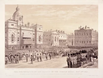 Overrækkelse af Krim-medaljen af dronning Victoria til oberst Sir Thomas Trowbridge, 18. maj 1855