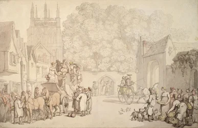 En træner, der forbereder sig på at forlade Canterbury Gate, Christ Church, Oxford, ca. 1810-15