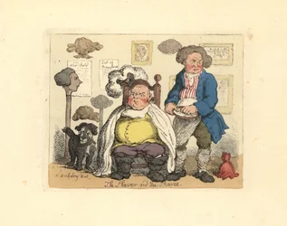 Frisør og kunde i en barbershop dekoreret med parykker.