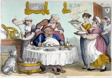 Borgerlige foran et overdådigt måltid serveret af mange tjenere - karikatur af Rowlandson