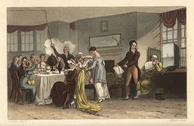 Morgenmadslokale på Old Bell Inn, Scarborough. Gæster, der drikker kaffe, læser aviser, spiser morgenmad i et Regency-værelse. Håndfarvet kobberstik af Thomas Rowlandson, akvatint af J. Bluck, efter en skitse af J. Green fra Poetical Sketche