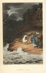 Cornelian Bay: Regency Women on a Picnic er overrasket over en pludselig storm. Håndfarvet kobberplade -gravering af Thomas Rowlandson, Aquatint af J.C. Stadler, efter en skitse af J. Green fra Poetical Sketches of Scarborough, Ackermann, London