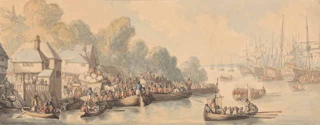 Ombordstigning i Southampton, 20. juni 1794 (akvarel og pen og brunt, gråt og rødbrunt blæk over grafit på medium, let struktureret, cremevævet papir)