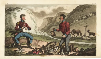 Fænrik Johnny Newcome og hans Subaltern spiser morgenmad med skinke, oksekød, kiks og brandy i en vejkant i Portugal. Håndfarvet kobberstik tegnet og ætset af Thomas Rowlandson fra oberst David Roberts