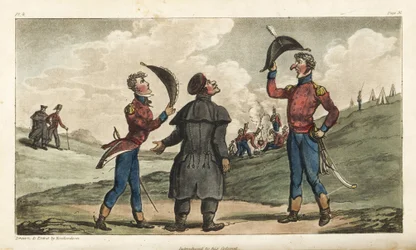 Fænrik Johnny Newcome introduceret til obersten i sit regiment før slaget ved Salamanca. Håndfarvet kobberstik tegnet og ætset af Thomas Rowlandson fra oberst David Roberts
