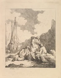 Fiskere ved kysten - Kystscene med en mand siddende på jorden hvilende en albue o..., 1786.