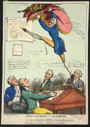 Fra skrivebordet til tronen. Et nyt hurtigt skridt af Joseph Bonaparte. The Bass af Mrs Nappy and Talley, pub. 1808 (håndfarvet gravering)