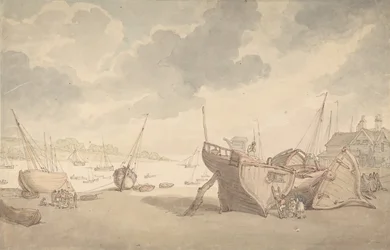Havnescene med tidevandet ude og strandede både, 1775-1827.