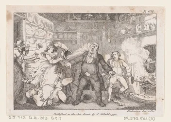 Værtinde udleder en gryde med blod i ansigtet på Parson Andrews, fra The Adventures of..., 1792.