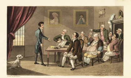 Johnny og hans kreditorer. De stakkels herrer står over for et rum fyldt med handlende og butiksejere, der kræver tilbagebetaling af hans gæld. Håndfarvet kobberstik af Thomas Rowlandson fra William Combes The History of Johnny Quae Genus, the Little Found