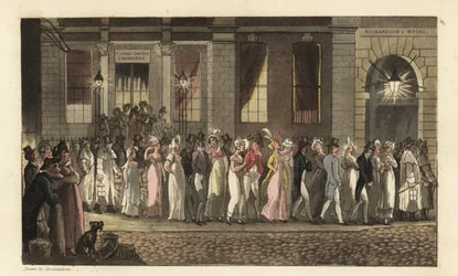 Johnny og andre festglade arresteret af nattevagten efter en urolig dansefest i Covent Garden Chambers. Håndfarvet kobberstik af Thomas Rowlandson fra William Combes The History of Johnny Quae Genus, the Little Foundling of the late